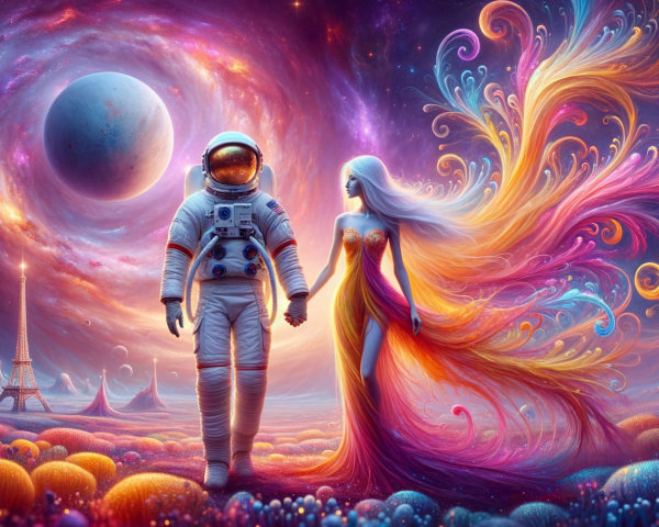 Cosmic Landscape with Astronaut and Fantastical Figure