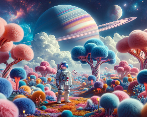 Astronaut in Colorful Landscape with Cosmic Backdrop