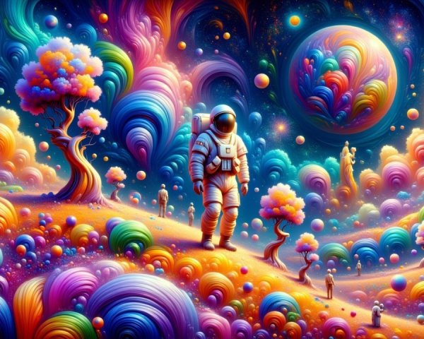 Astronaut in a Surreal Cosmic Landscape Exploration