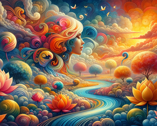 Surreal Landscape with Colorful Clouds and Lotus Flowers
