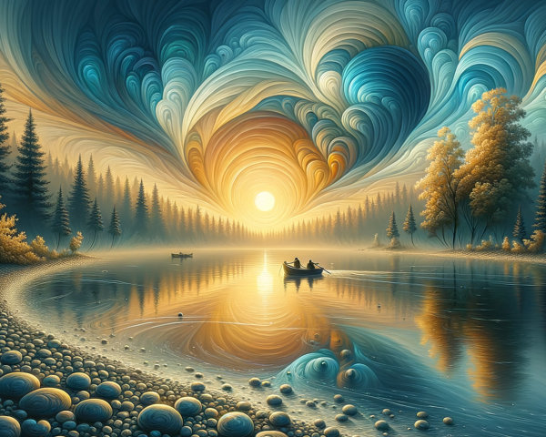 Tranquil River Landscape with Sunset and Boats