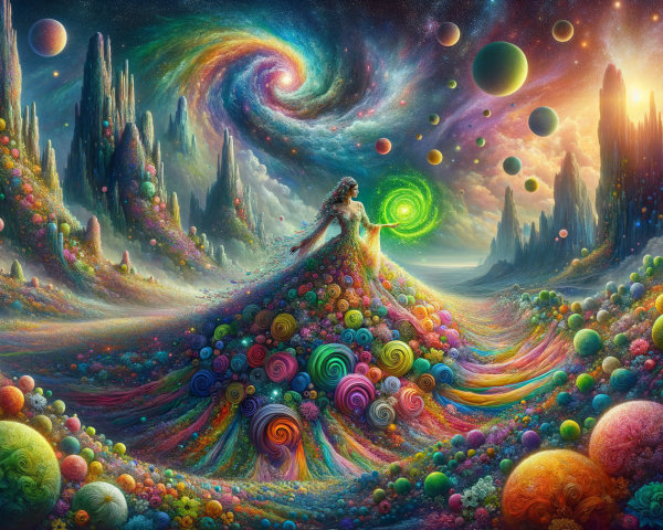 Vibrant Cosmic Landscape with Colorful Figure and Orbs