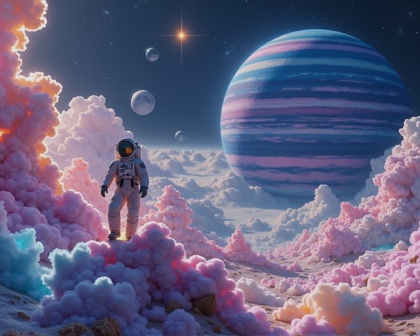 Astronaut on a surreal landscape with pastel clouds