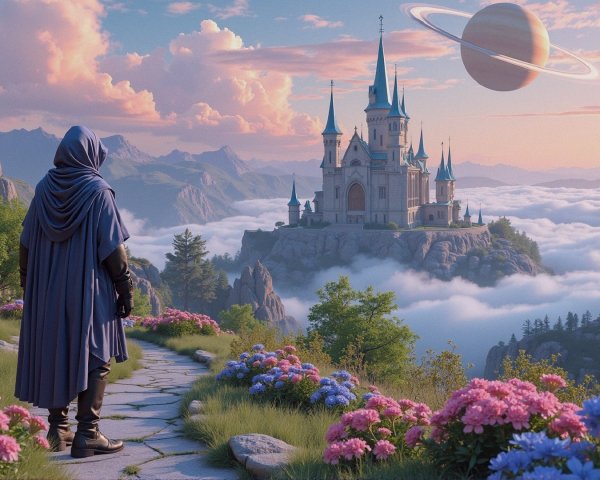Hooded Figure on Cobblestone Path with Castle and Planet