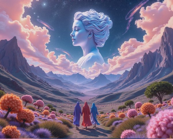 Surreal Landscape with Figures and Celestial Presence