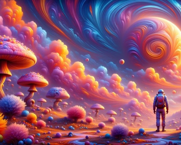 Surreal Alien Landscape with Colorful Mushrooms