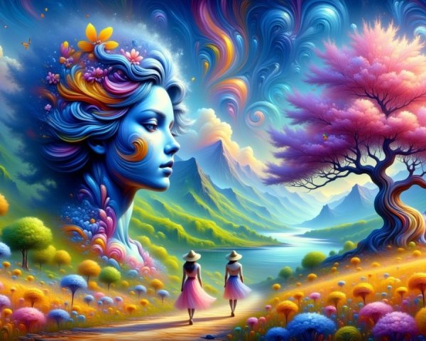 Surreal Landscape with Colorful Woman's Profile and Nature