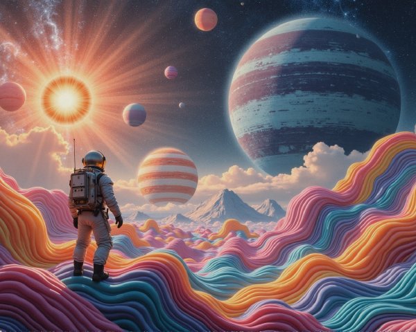 Astronaut on Colorful Landscape with Giant Planets