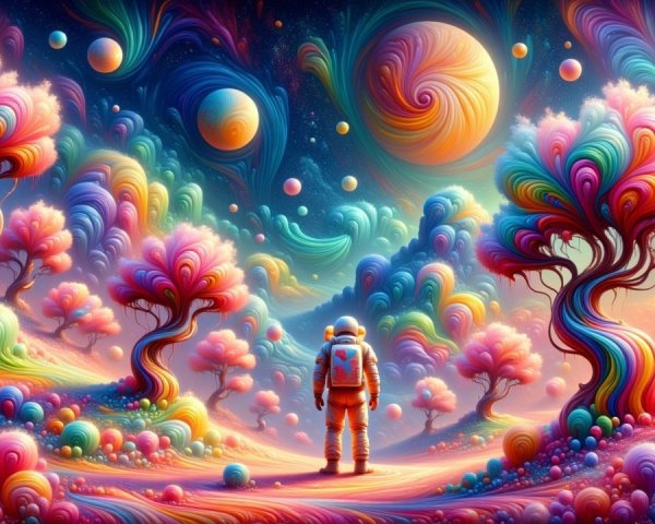 Astronaut in a Colorful Surreal Landscape with Planets