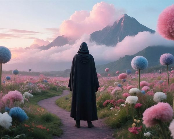 Hooded Figure in Fantasy Landscape with Colorful Flowers
