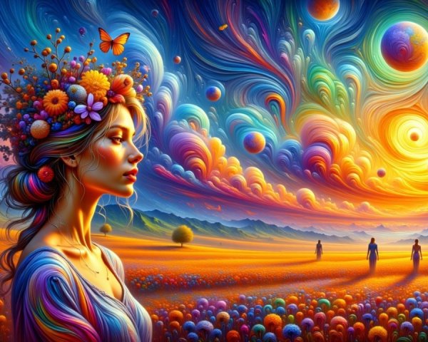 Vibrant Dreamlike Landscape with Floral Crown and Sunset