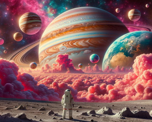 Astronaut Observes Colorful Celestial Landscape on Planet