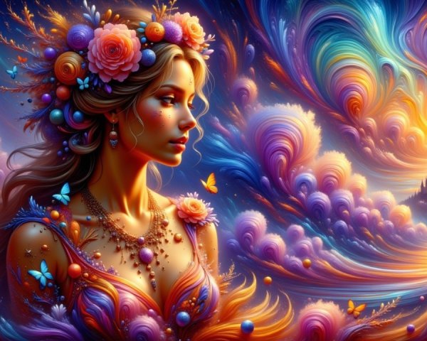 Ethereal Woman in Floral Crown Against Fantasy Landscape