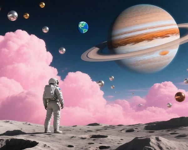 Astronaut on Barren Moon with Surreal Sci-Fi Landscape