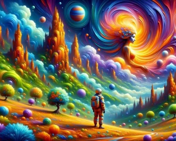 Surreal Landscape with Vibrant Colors and Cosmic Figures