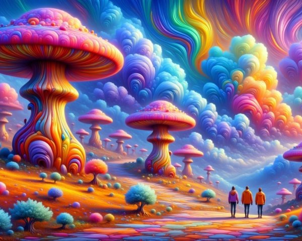 Surreal Landscape with Colorful Mushrooms and Figures