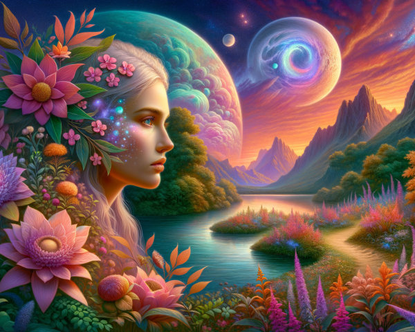 Surreal Landscape with Woman's Profile and Nature Elements
