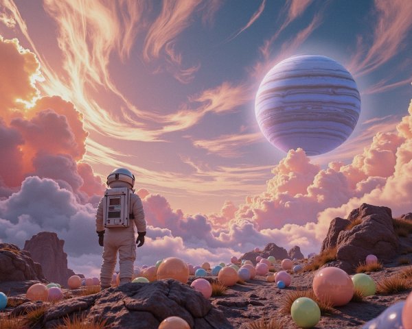 Astronaut on Rocky Terrain with Colorful Spheres and Planet