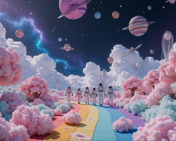 Astronauts in a Colorful Whimsical Landscape