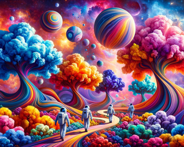 Surreal Landscape with Astronauts and Colorful Trees