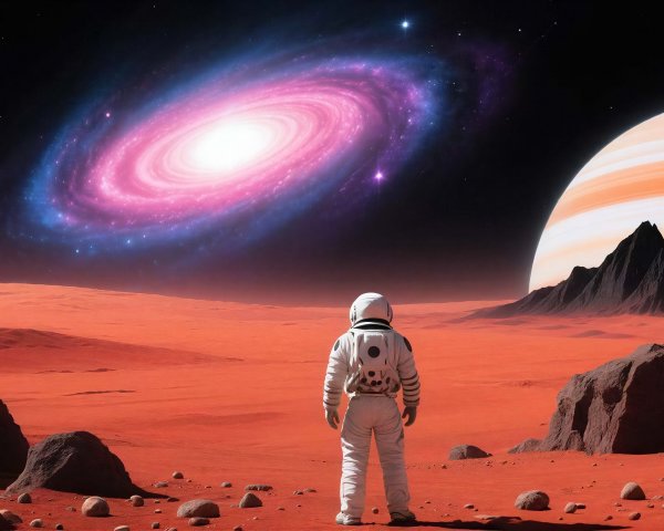 Astronaut on Martian Landscape with Spiral Galaxy View