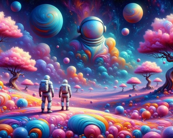 Surreal Landscape with Astronauts and Colorful Elements