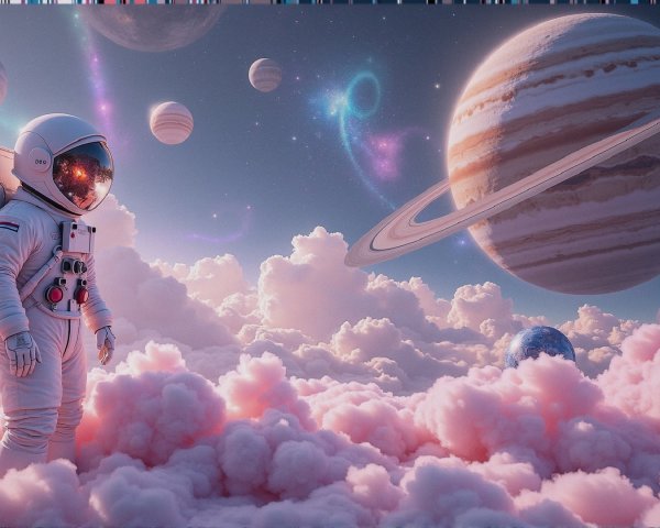 Astronaut in Dreamlike Cosmic Scene with Colorful Planets
