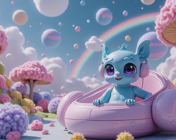 Whimsical Landscape with Colorful Trees and Characters