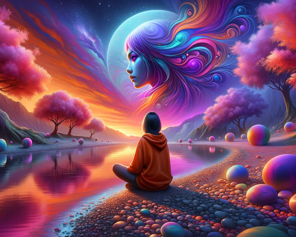 Vibrant Landscape with Shimmering River and Moonlit Sky