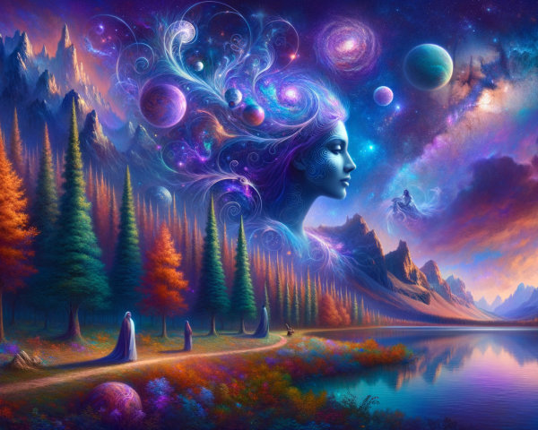 Surreal Landscape with Vibrant Forests and Mountains