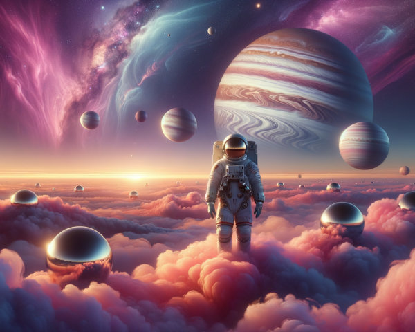 Astronaut on Pink Clouds in Cosmic Landscape