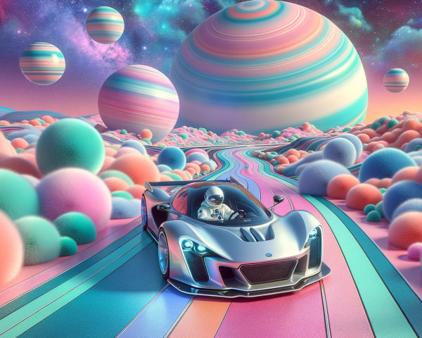 Futuristic scene with astronaut in silver sports car