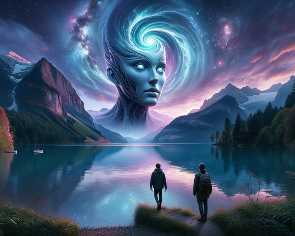 Tranquil Lake Scene with Cosmic Clouds and Mountains