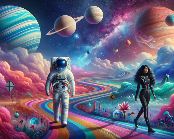 Surreal Landscape with Astronaut and Colorful Road