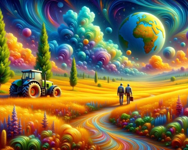 Vibrant Landscape with Tractor and Dreamlike Elements