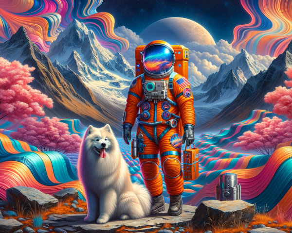 Astronaut and Dog on Colorful Alien Landscape