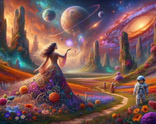 Vibrant Cosmic Landscape with Celestial Woman and Orbs