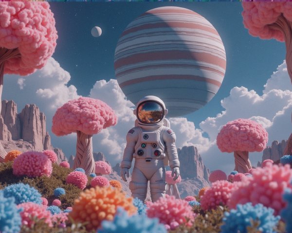 Astronaut in a vibrant, surreal landscape with orbs