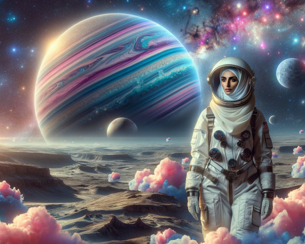 Futuristic Astronaut on Alien Landscape with Gas Giant