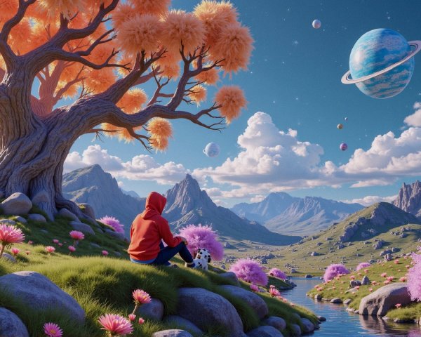 Dreamy Landscape with River and Colorful Planets