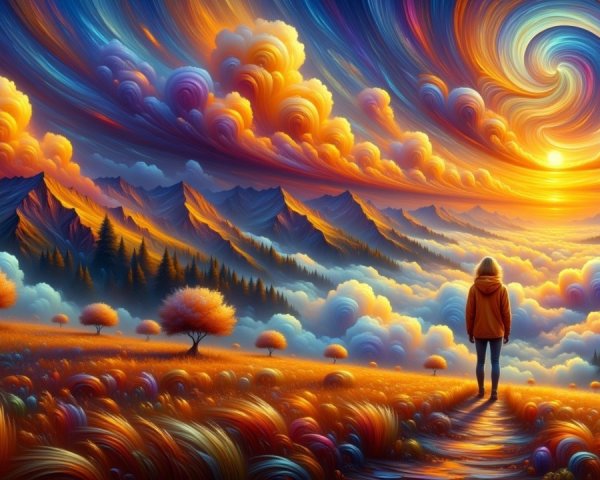 Vibrant Sunset Landscape with Rolling Mountains and Trees