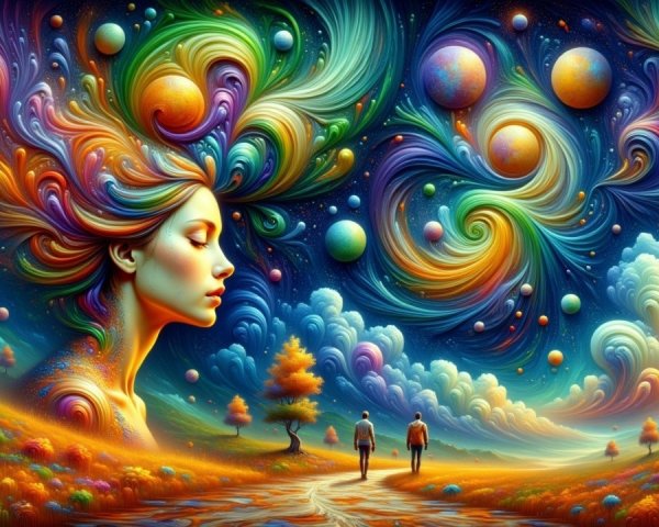 Surreal Landscape with Cosmic Elements and Figures