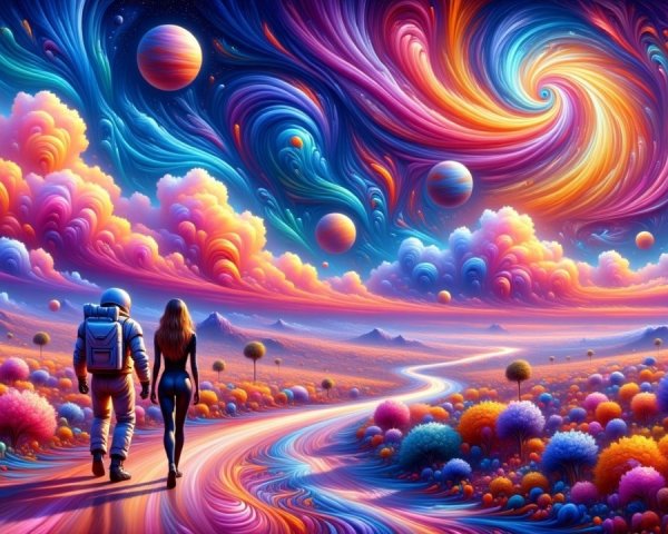 Vibrant Dreamlike Landscape with Cosmic Elements