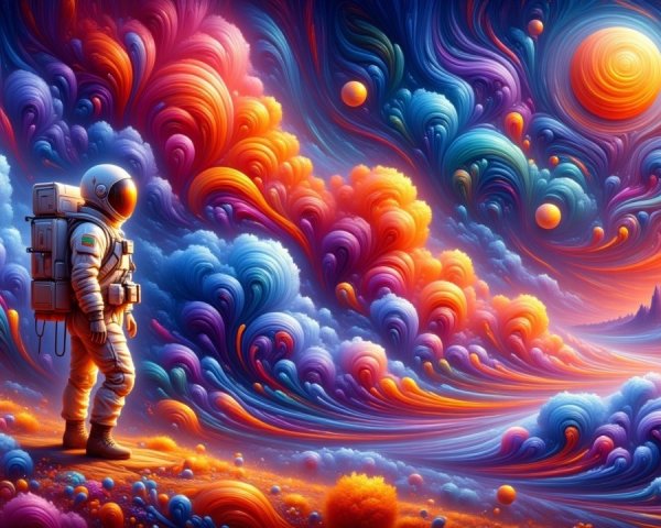 Astronaut in a Colorful, Abstract Cosmic Landscape