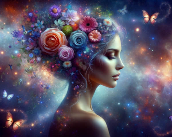 Profile of a Serene Woman with Floral Hair and Cosmos