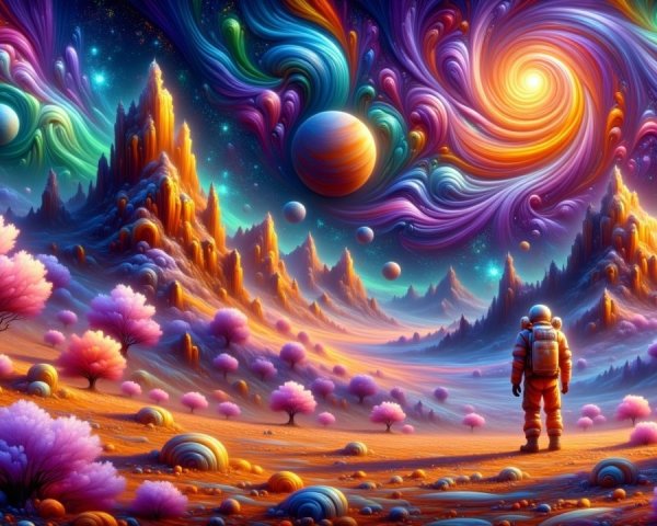 Vibrant Cosmic Landscape with Swirling Galaxies and Mountains