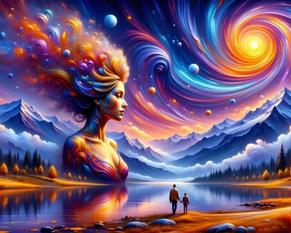 Surreal Landscape with Cosmic Woman's Face and Lake