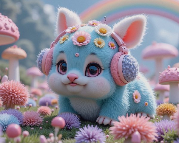 Whimsical Landscape with Colorful Creatures and Flowers