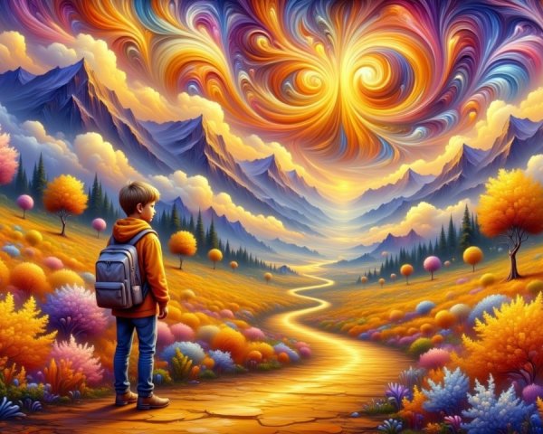 Young boy on winding path in surreal landscape
