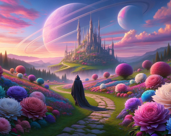 Mystical landscape with vibrant flowers and a castle